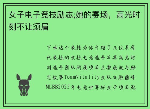 女子电子竞技励志;她的赛场，高光时刻不让须眉